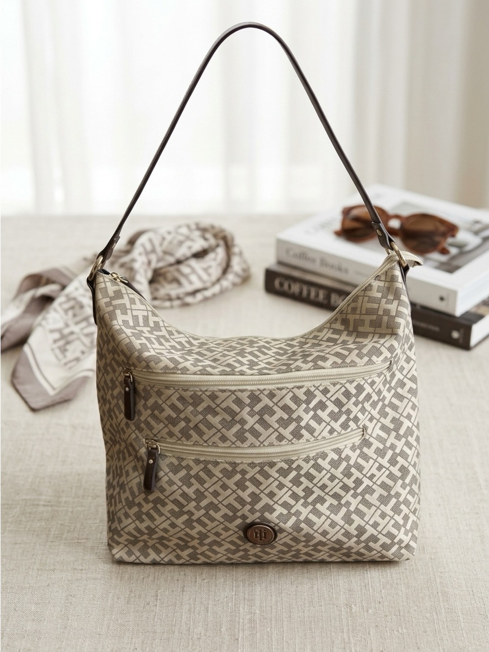Tommy Hilfiger Monogram Shoulder/Tote Bag | Beige/Tan | Dual Front Zip Pockets